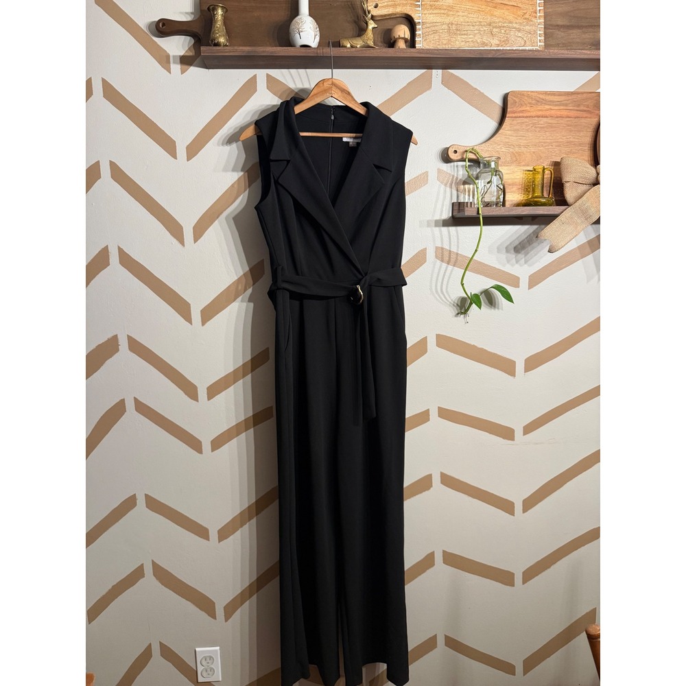 Calvin Klein Jumpsuit Womens 8 Black Belted Notch Lapel Sleeveless Straight Leg